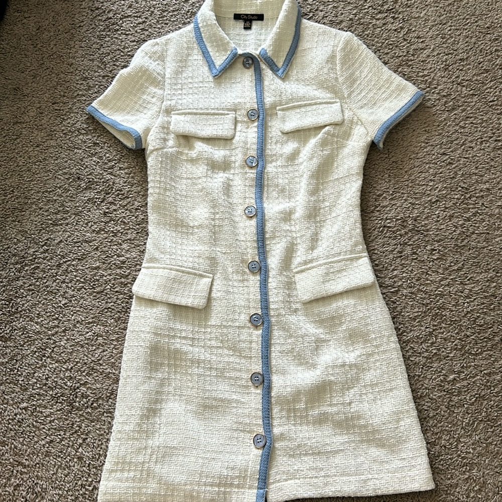 White Dress with Blue Trim